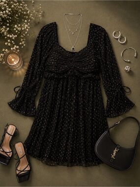 American Eagle Outfitters Black Metallic Dot Long-Sleeve Mini Dress